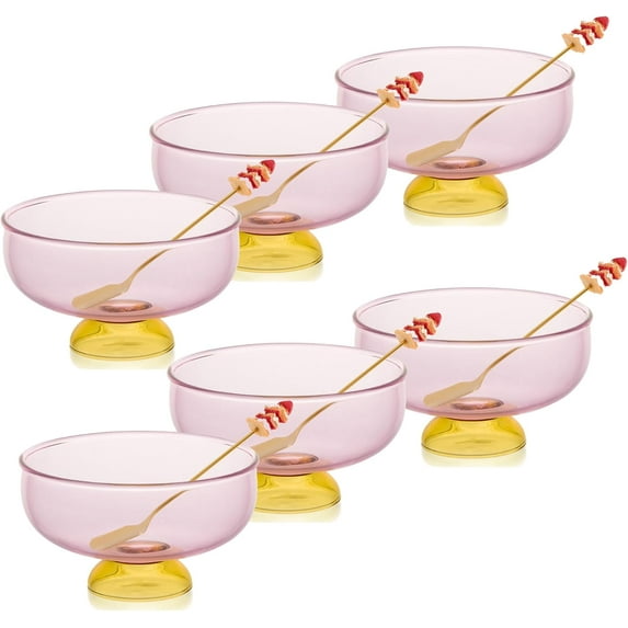 Pink Glass Dessert Bowls Set of 6 Ice Cream Bowl with 6 Gold-Plated Spoons Decorative Microwave Safe for Fruit,Snack,Candy Glass Bowl Set