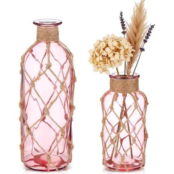 Pink Glass Flower Vase Set of 2 Boho Rope Nautical Beach Decor