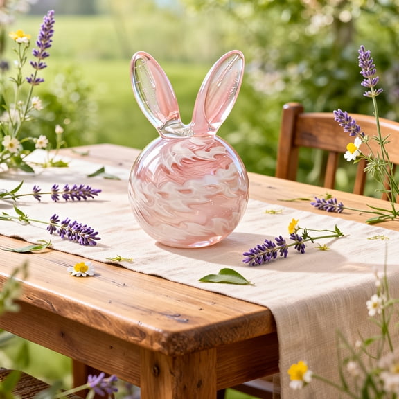 Pink Glass Glazed Easter Bunny, Transparent Rabbit Figurine, Art Deco Desktop Ornament, 1pc Glass Handcrafted, for Living Room Study Bedroom Display, Valentine Gift Accent, Pink S