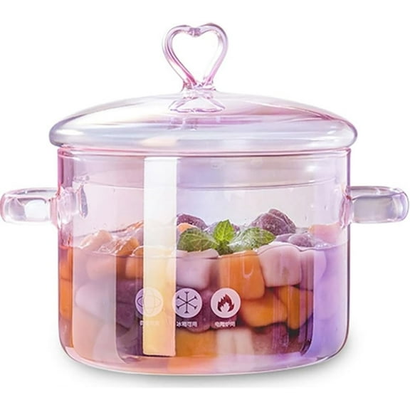 Pink Glass Saucepan, 2000ML/67OZ Glass Stockpot, Heart Shaped Clear Glass Stockpot with Lid for Soup, Milk, Baby Food, Noodle, Vegetable Soup Salad