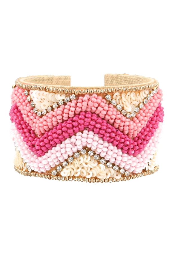 Pink Glass Seed Bead Goldtone Cuff Bangle Bracelet for Women Jewelry Birthday Christmas Gifts for Women