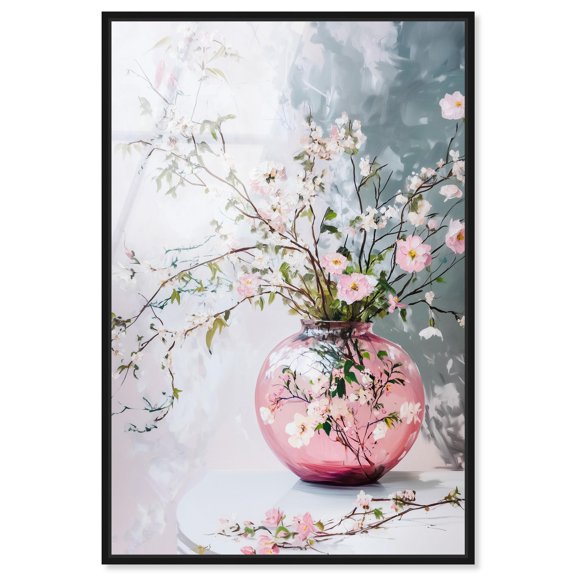 Pink Glass Vase I Framed High-Gloss Acrylic Glass Wall Art Floral Wall Decor by Art Remedy, Black Frame, 10 x 15