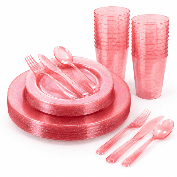Pink Glitter 150-Piece Disposable Plastic Party Tableware Set
