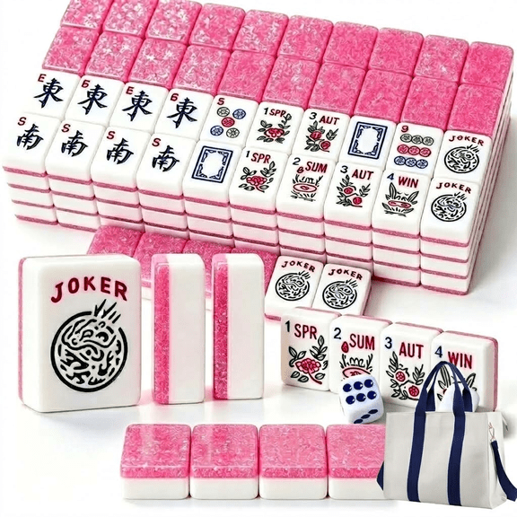 Pink Glitter American Mahjong Set 166 Sparkle Tiles with 10 Spares Canvas Tote Bag 3 Dice Engraved with Numbers Letters Aesthetic Tabletop Board Game for Adults