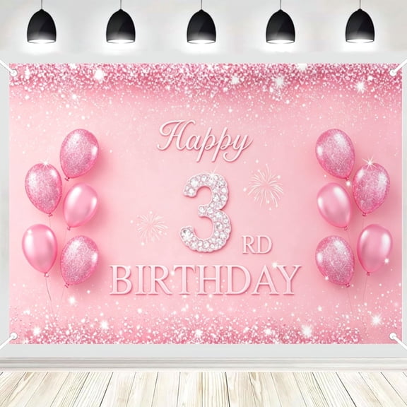 Pink Glitter Birthday Banner Backdrop Decorations for Girls, Sparkle Balloon Birthday Party Sign Supplies, Pink 3 Years Old Birthday Poster Background Photo Booth Props Decor 16x24in