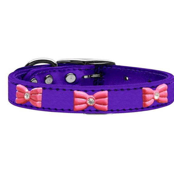 Pink Glitter Bow Widget Genuine Metallic Leather Dog Collar - Purple, Size 24