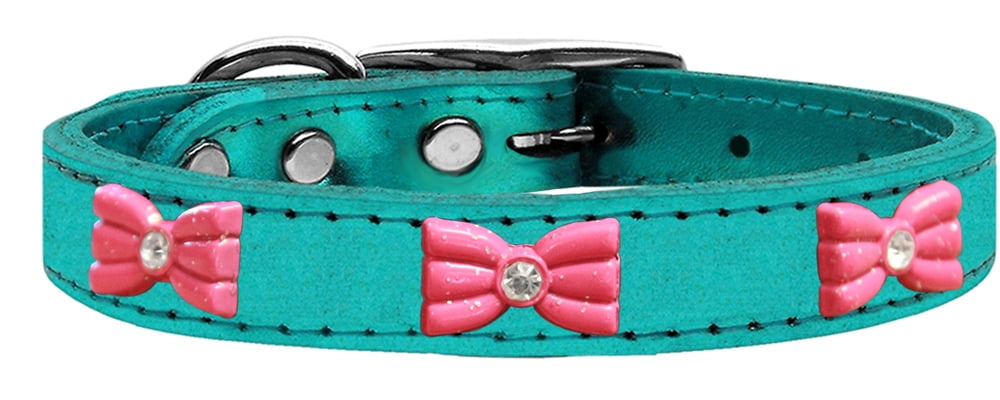 Pink Glitter Bow Widget Genuine Metallic Leather Dog Collar Turquoise
