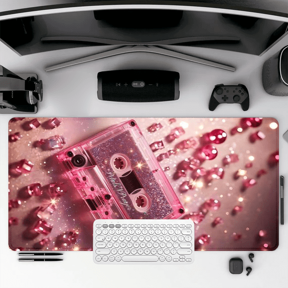 Pink Glitter Cassette Tape Mouse Pad 35.4 x 15.8 inches Soft Rubber Desk Mat for Office and Gaming