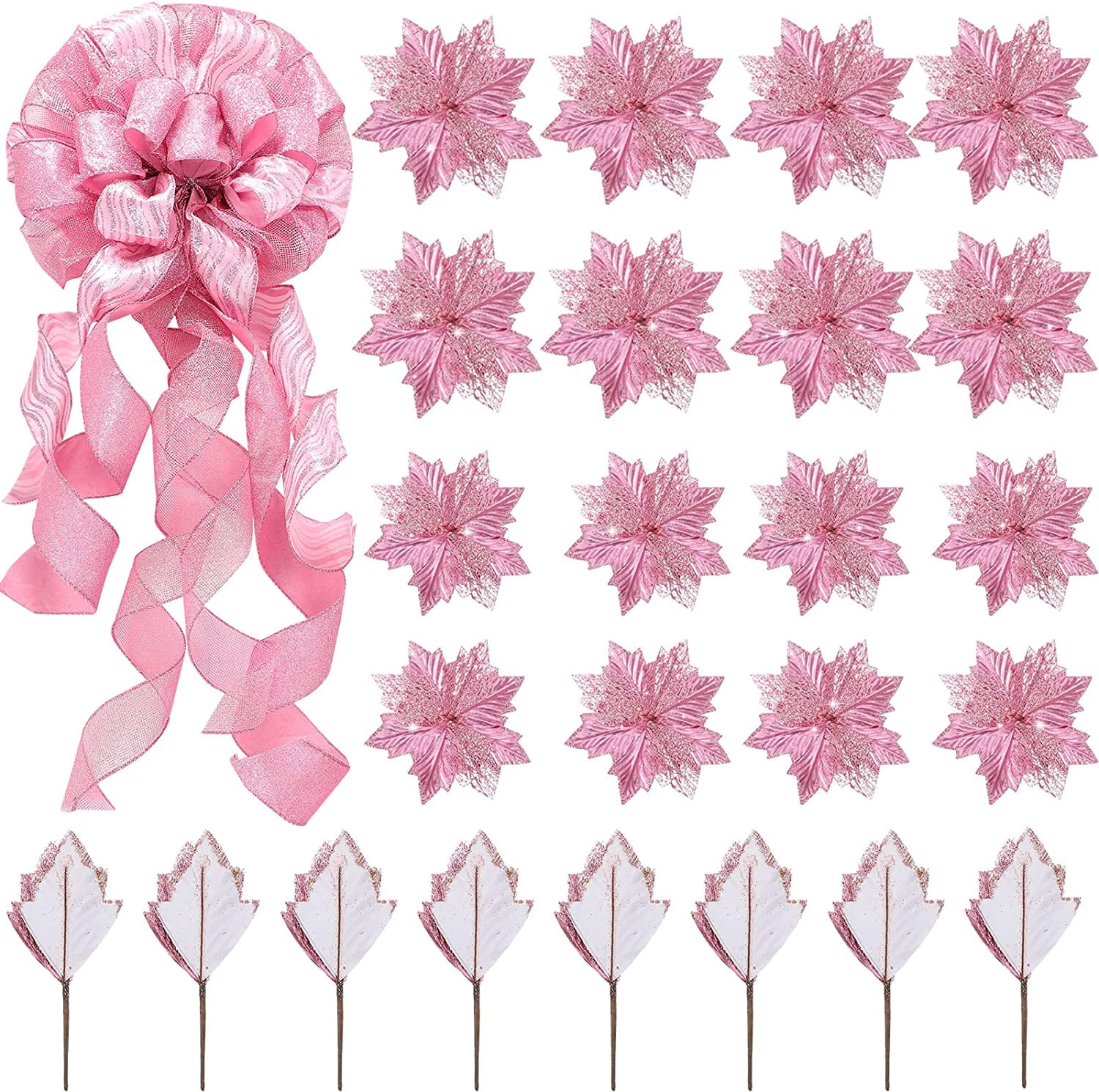 Pink Glitter Christmas Tree Topper Decorations with Large Bows, 24 Pcs