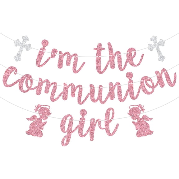 Pink Glitter I'm The Communion Girl Banner, Silver Cross & Praying Angel Cutouts Garland, Pre-Strung Girls First Holy Communion Religious Ceremony Banner