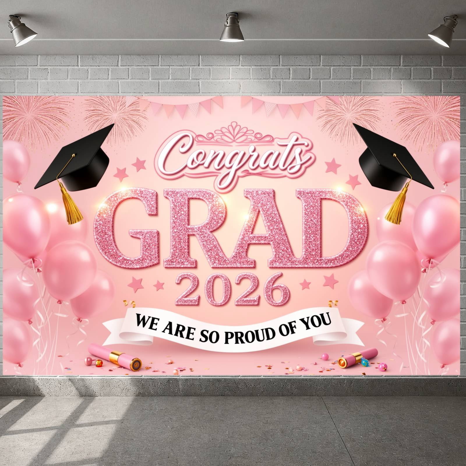 Pink Sign Grad Example Pink Glitter Congrats Grad Banner Sparkling Graduation Backdrop Star ...