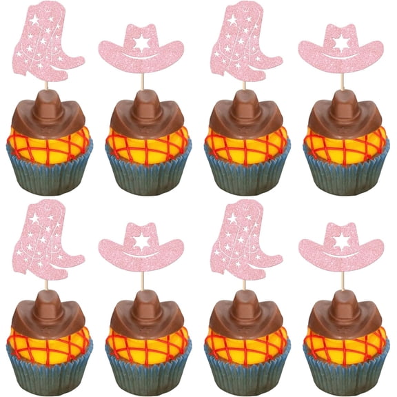 Pink Glitter Cowboy Cupcake Toppers, Hat and Boot Picks, Western Theme Birthday Party Decorations, 12 Pack