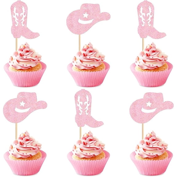 Pink Glitter Cowgirl Cupcake Toppers, Cowboy Hat and Boot Shapes, Western Theme, Baby Shower Birthday Party Decorations, 12 Count