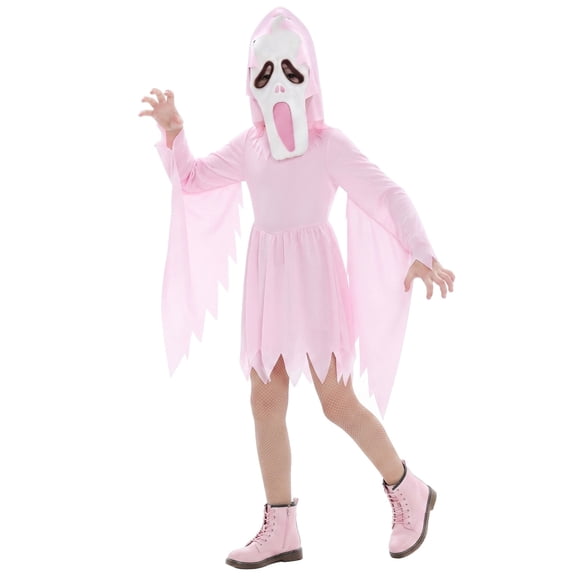 Pink Glitter Creepy Ghost Dress, Spooky Hooded Costume Outfit with Mask, Jagged Hemline Party Cosplay Set for Halloween, 2-Piece, S