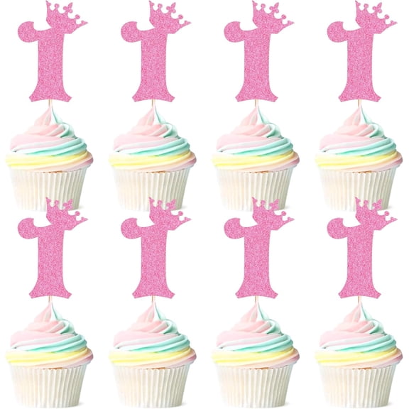 Pink Glitter Crown Number 1 Cupcake Toppers 12Pcs Princess First Birthday Cupcake Picks for Little Girls 1st Birthday Baby Shower Cupcake Decorations