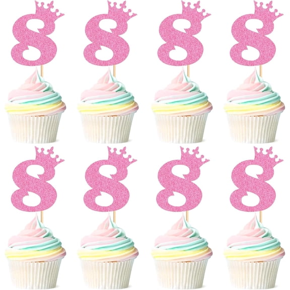 Pink Glitter Crown Number 8 Cupcake Toppers 12 Pack Princess Style Number Eight Cupcake Picks for Girls 8th Birthday Party Cupcake Decor
