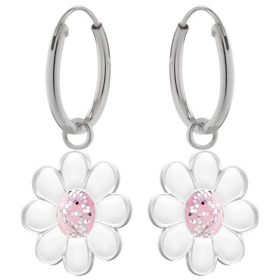 Pink Glitter Daisy Flower 925 Sterling Silver Hoop Earrings