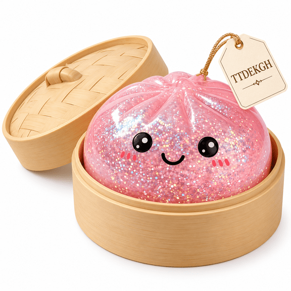 Pink Glitter Dumpling Crunchy Squishy Toy with Steamer Basket Cute Bao Bun Squeeze Sensory Fidget Stress Relief Toy for Teens Adults Crazy Fun Giant