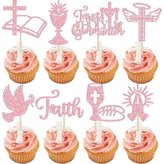 Pink Glitter First Holy Communion Cupcake Toppers, 8Pcs Religious Symbols Picks for Baptism Party Cake Decorations