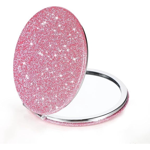 Pink Glitter Folding Compact Mirror 2x Magnification Double Sided Travel Makeup Mirror Gift