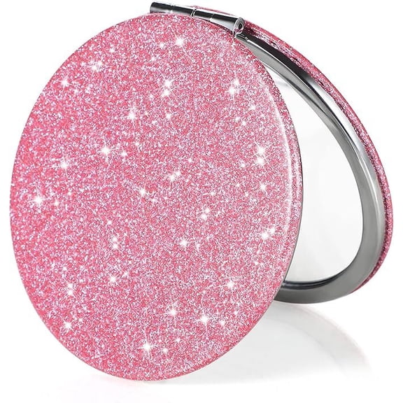 Pink Glitter Folding Double Sided Makeup Mirror 1x 2x Magnification Portable Travel Compact Mirror