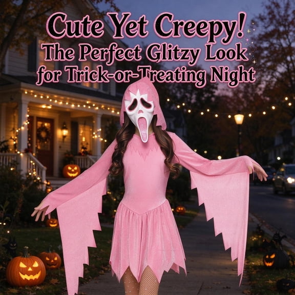 Pink Glitter Ghost Horror Costume Girls Halloween Ghost Costume, Pink Hooded Screaming Dress with Mask, Spooky Halloween Cosplay Outfit, Halloween Trick or Treat Role Play Party Dress Up
