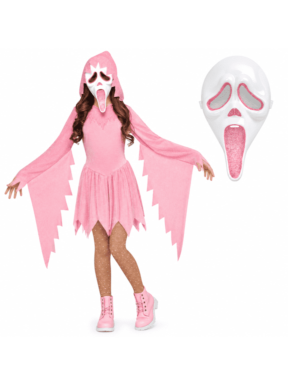 Pink Glitter Ghost Face Dress, Spooky Hooded Costume Outfit with Mask, Jagged Hemline Party Cosplay Set for Halloween, 2-Piece