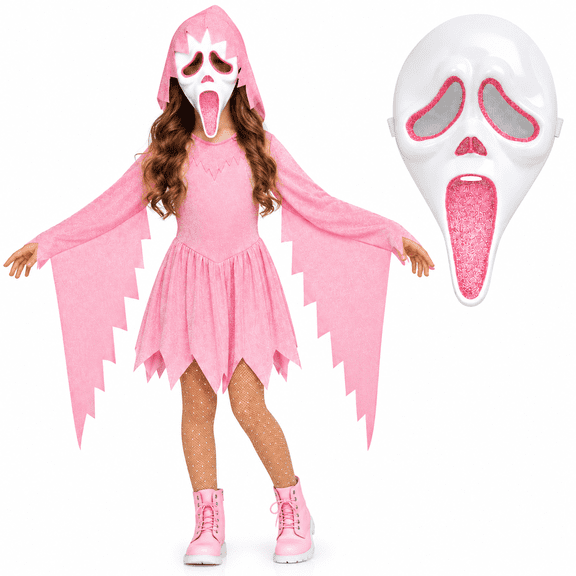 Pink Glitter Ghost Halloween Costume for G'irls, Hooded Cosplay Dress with Mask, Spooky Horror Party Outfit