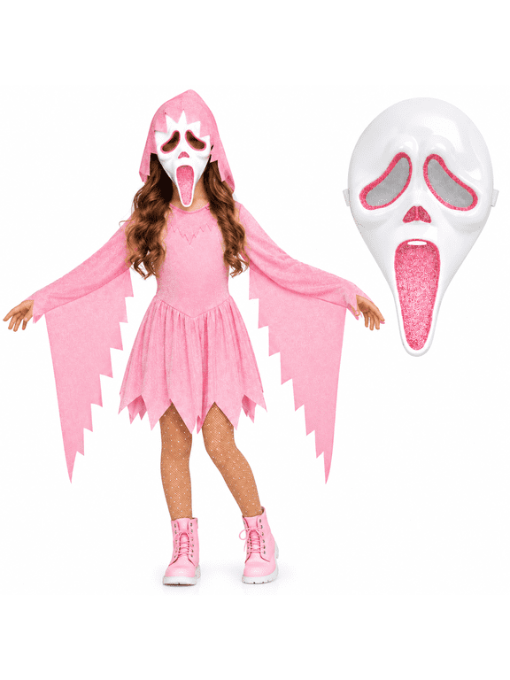 Pink Glitter Ghost Halloween Costume for Girls, Hooded Cosplay Dress with Mask, Spooky Horror Party Outfit