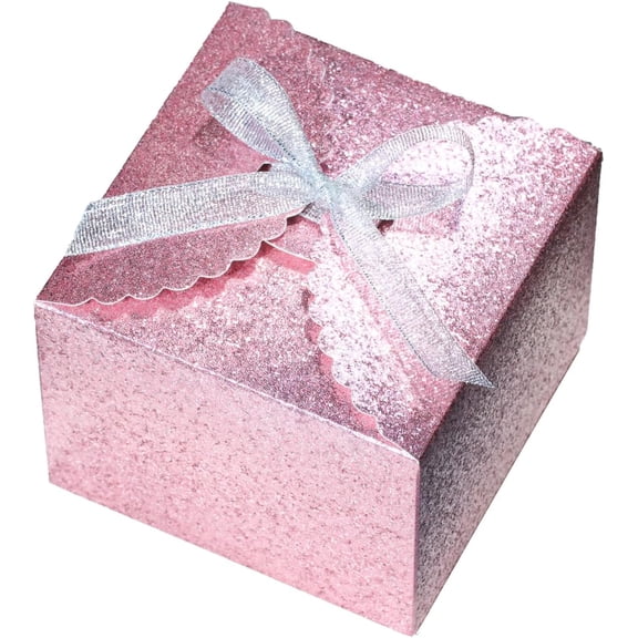 Pink Glitter Gift Boxes – Foldable Paper Boxes with Ribbon-Tied Lids, Set of 10, Sparkly Present Boxes for Weddings, Bridesmaids, Birthdays, Baby Showers, Party(4.75x4.75x3.53)