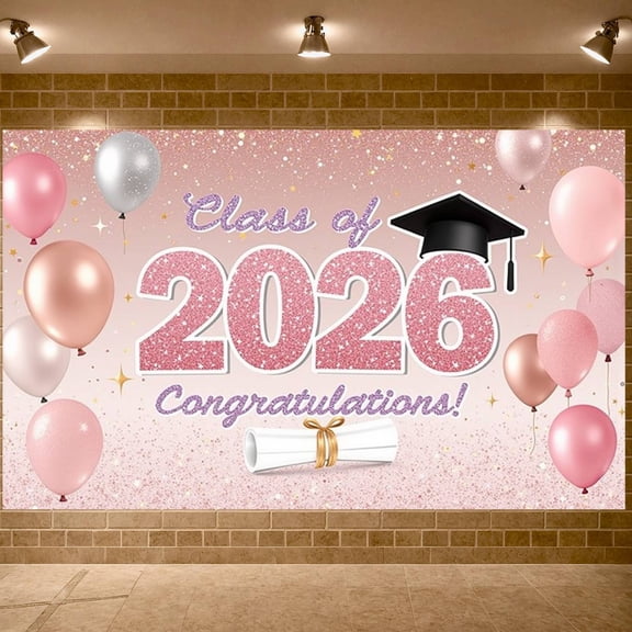 Pink Glitter Graduation Banner Class of 2026 Display Graduation Cap Diploma Graduation Backdrop for Graduation Ceremony High School Grad College Graduation