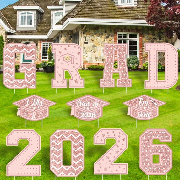 Picket Signs For Graduation Pink Glitter Graduation Yard Signs 2026, Class of 2026 GRAD 2026 Lawn ...