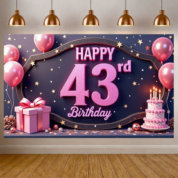 Pink Glitter Happy 43rd Banner Gold Stars 43rd Birthday Display Pink Balloons Gift Box Birthday Backdrop for 43rd Birthday Party Indoor Celebration Photo Shoot