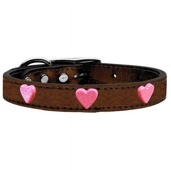 Pink Glitter Heart Widget Genuine Metallic Leather Dog Collar - Bronze, Size 12