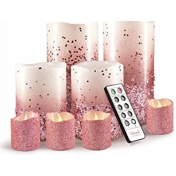 Pink Glitter LED Candles with Remote and Timer, 4 Pillars and 4 Votives Pack of 8, Real Wax Flameless Flickering Candles for Home Décor, Battery Included