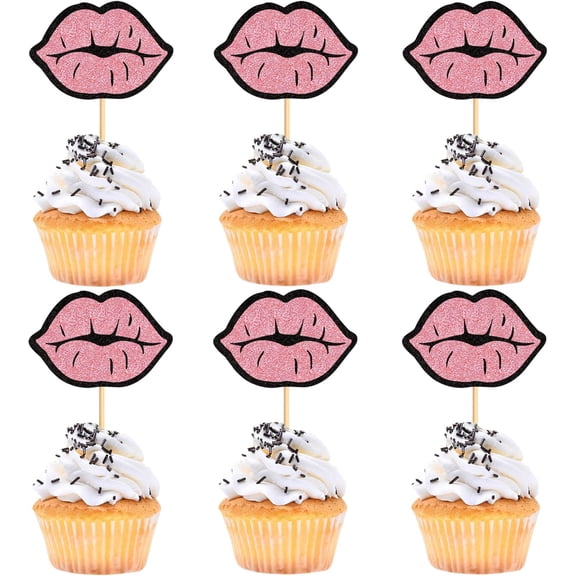 Pink Glitter Lips Cupcake Toppers, 12PCS Picks for Bachelorette, Galentine & Romantic Party Dessert Decor