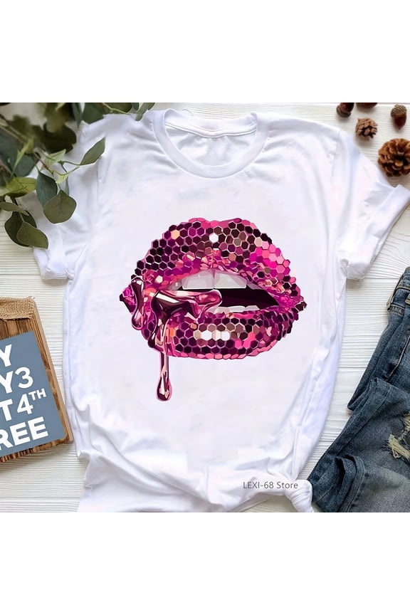 Pink Glitter Lips Graphic Print Wo'S Clog Luxurious Makeup Haut Femme Aesthetic Clothes T-S1Hirt Whole1