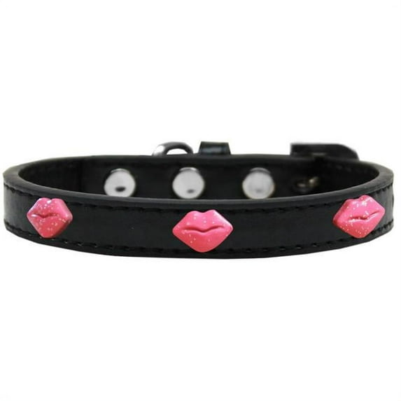 Pink Glitter Lips Widget Dog Collar, Black - Size 14