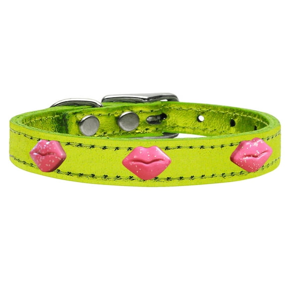 Pink Glitter Lips Widget Genuine Metallic Leather Dog Collar Lime Green 22