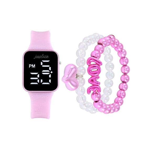 Justice Girls Pink Glitter Silicone Strap Led Watch with Matching Stretch Bracelets; JSE4016WM