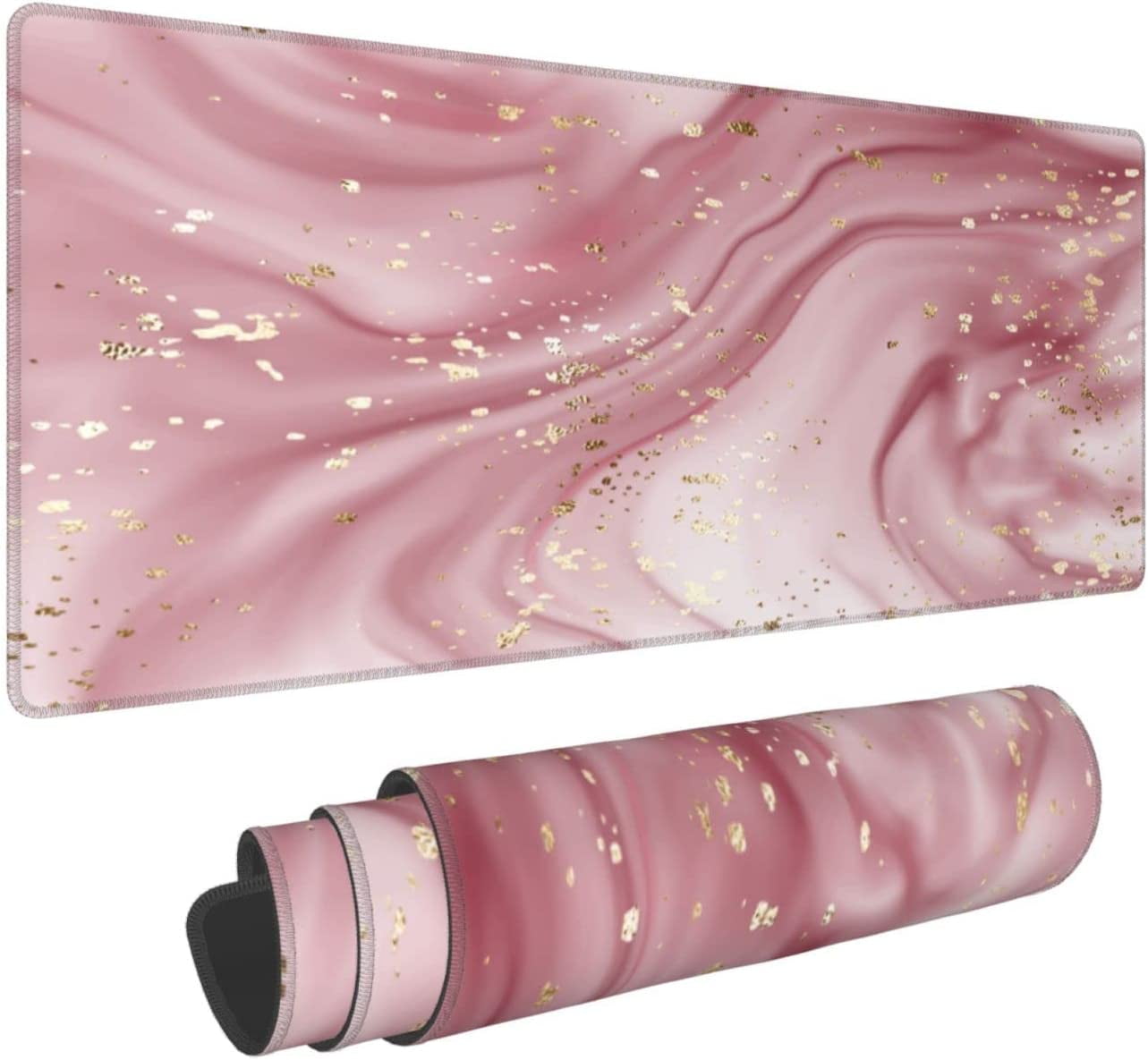 Pink Glitter Marble Gaming Mouse Pad XL, Extended Stitched Edges Mousepad, Large Mouse Mat Desk Pad, Long Non-Slip Rubber Base Mice Pad（31.5x12 Inch）