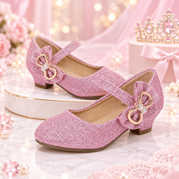 Pink Glitter Mary Jane Dress Shoes for Girls with Rhinestone Bow Size 2, Big Kids Low Block Heel Princess Party Shoes