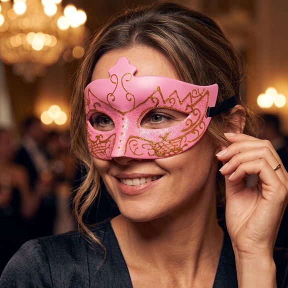 Pink Glitter Masquerade Mask for Women 6 Inch Venetian Mask Eye Mask for Masquerade Party Mardi Gras Carnival Prom Evening Event, 1 Pack