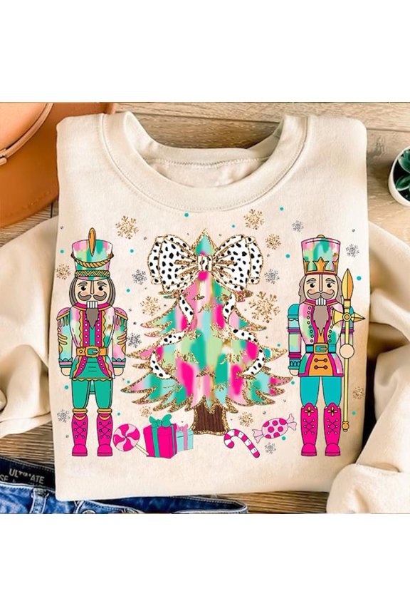 Pink Glitter Nutcracker Christmas Sweatshirt, Holly Jolly Bow Crewneck, Dalmatian Dots Brushstroke Holiday Sweater