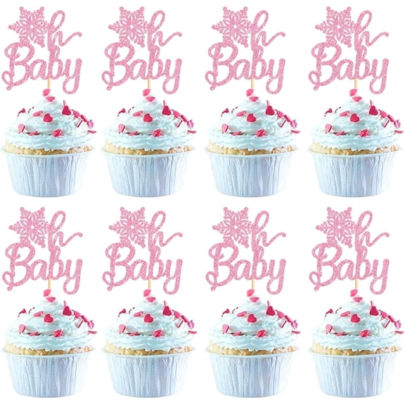 Pink Glitter Oh Baby Snowflake Cupcake Toppers, 12PCS Picks for Winter Baby Shower, Girl Party Dessert Decor