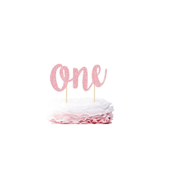 Pink Glitter 'One' Cake Topper, First Birthday Party Decoration, Script Style