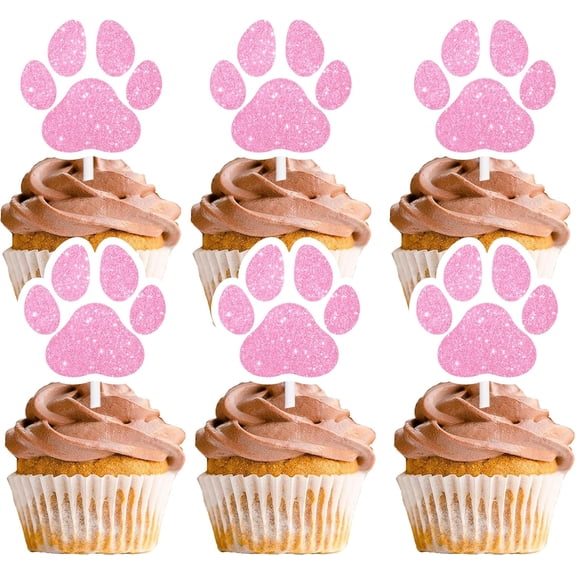 Pink Glitter Paw Print Cupcake Toppers, Dog Pet Adoption Theme, Birthday Baby Shower Party Decorations, 12 Count