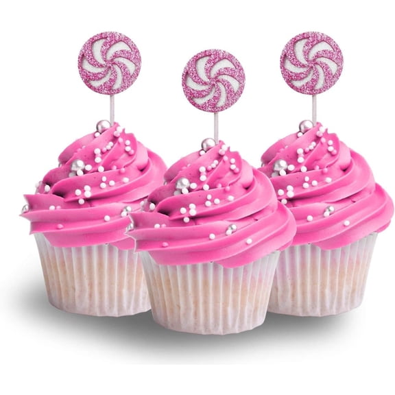Pink Glitter Pinwheel Lollipop Cupcake Toppers, 12PCS Spiral Candy Silhouette Cupcake Picks for Candy Party Kids Birthday Cake Decorations