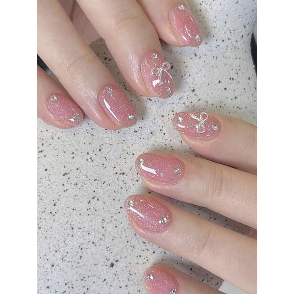 Pink Glitter Press-On Nails With Rhinestones And Bow Accents - 24 Pieces