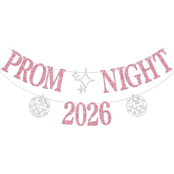 Pink Glitter Prom Night 2026 Banner, Disco Ball Star Cutouts Graduation Prom Party Decorations, Glitter Paper Garland Sign for Senior Dance Night Wall Backdrop